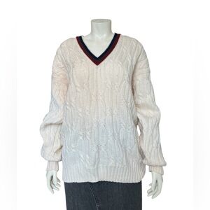 Vintage H Halpern Sport 100% Wool V-Neck Cable Knit Sweater - Cream Size Large